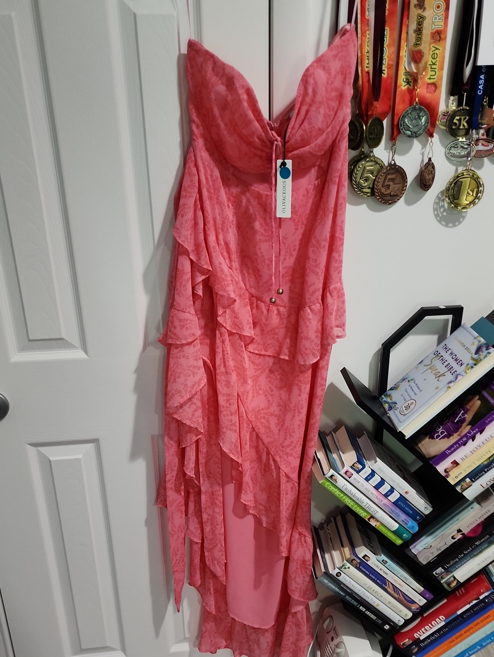 Olivaceous Coral Pink Strapless Ruffle Maxi Dress